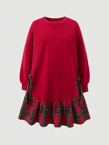 SHEIN Tween Girls Tween Girl Simple Plaid Patchwork Autumn/Winter Holiday Casual Everyday Red Christmas Dress - Red - View 3