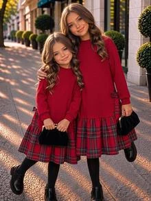 SHEIN Tween Girls Tween Girl Simple Plaid Patchwork Autumn/Winter Holiday Casual Everyday Red Christmas Dress - Red - View 7
