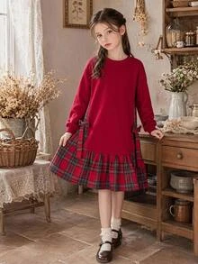 SHEIN Tween Girls Tween Girl Simple Plaid Patchwork Autumn/Winter Holiday Casual Everyday Red Christmas Dress - Red - View 9