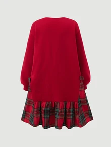 SHEIN Tween Girls Tween Girl Simple Plaid Patchwork Autumn/Winter Holiday Casual Everyday Red Christmas Dress - Red - View 2