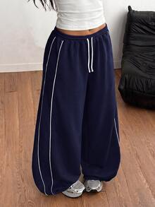 SHEIN Tween Girl Casual Cinched Waist Light Color Print Loose Sweatpants, Back-To-School Outfit, All-Match, Everyday Versatile Tween Girl - Navy Blue - View 1