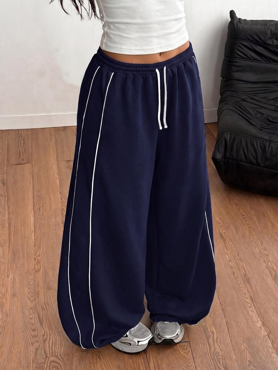 SHEIN Tween Girl Casual Cinched Waist Light Color Print Loose Sweatpants, Back-To-School Outfit, All-Match, Everyday Versatile Tween Girl - Navy Blue - View 1