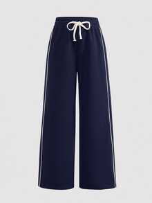 SHEIN Tween Girl Casual Cinched Waist Light Color Print Loose Sweatpants, Back-To-School Outfit, All-Match, Everyday Versatile Tween Girl - Navy Blue - View 3