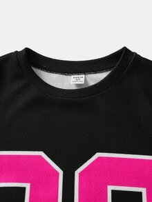 SHEIN Tween Girls' Fashion Street Style Round Neck Numeric Print Sporty Dress, Magenta, Black - Black - View 3