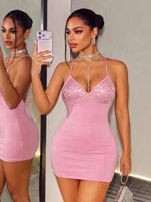 BamGleam Women's Sequin Patchwork Backless Lace-Up Sexy Fitted Party Club Spaghetti Strap Mini Dress Pink Summer - Pink - View 8