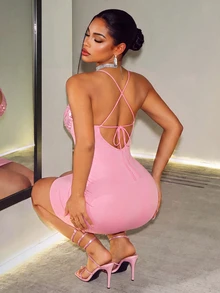 BamGleam Women's Sequin Patchwork Backless Lace-Up Sexy Fitted Party Club Spaghetti Strap Mini Dress Pink Summer - Pink - View 3