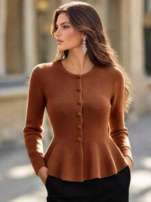 Balvessa Women's Round Neck Textured Knit Fitted Cardigan With Cinched Waist, Ruffle Hem, Single-Breasted Front And Long Sleeves - Brown - View 1
