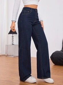 SHEIN Tall 女款時尚百搭鈕扣口袋牛仔褲 - 深色水洗藍 - 查看 10