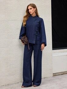SHEIN Tall 女款時尚百搭鈕扣口袋牛仔褲 - 深色水洗藍 - 查看 2