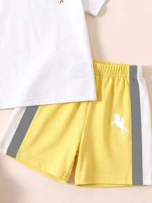 小男孩仿 T 恤短褲 2 件套可愛卡通熊圖案印花彈性腰夏季運動套裝生日海灘白色 - 彩色 - 查看 5
