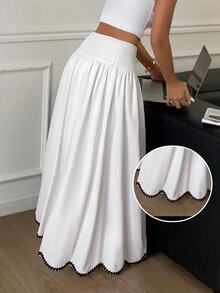 Serisse Women's Frenchy Elegant High Waist White A-Line Skirt, Scalloped Contrast Embroidery Hem, Flowy Full Swing Long Skirt For Work Commute & Date - White - View 3