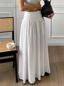 Serisse Women's Frenchy Elegant High Waist White A-Line Skirt, Scalloped Contrast Embroidery Hem, Flowy Full Swing Long Skirt For Work Commute & Date - White - View 4