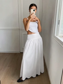 Serisse Women's Frenchy Elegant High Waist White A-Line Skirt, Scalloped Contrast Embroidery Hem, Flowy Full Swing Long Skirt For Work Commute & Date - White - View 5