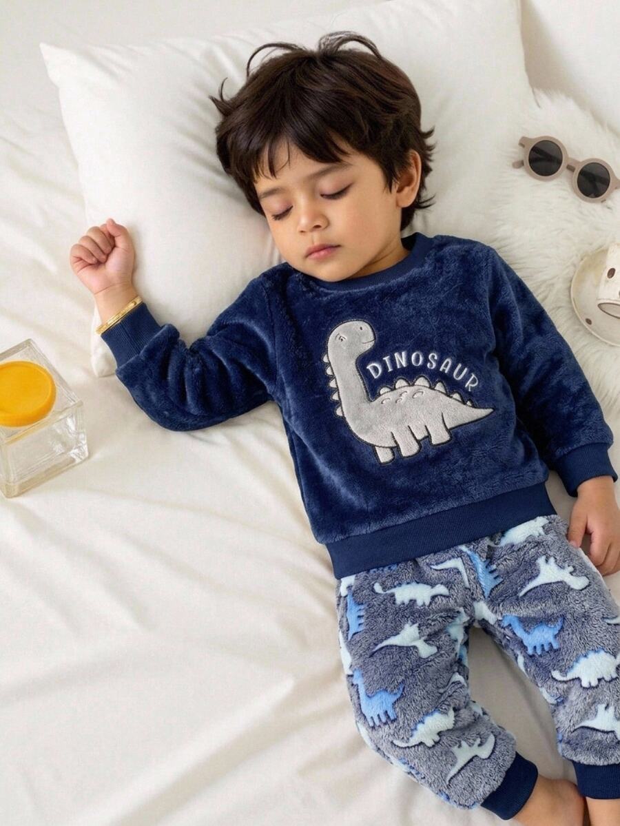 SHEIN 2pcs/Set Kids Young Boys Cute Fun Dinosaur Print Design Double-Sided Fleece Loungewear, Warm And Comfortable Fabric, Suitable For Home Wear, Perfect For Gifting - Navy Blue - View 1