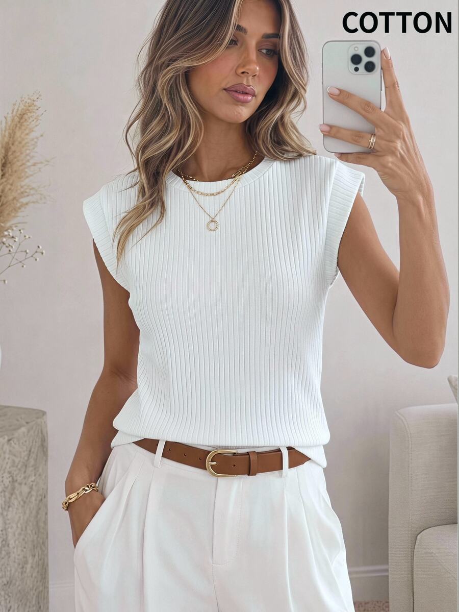 Easowa Women's Plain Round Neck Cap Sleeve Ribbed Casual T-Shirt Summer For Women - White - View 1