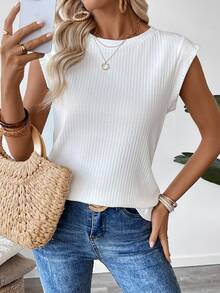 Easowa Women's Plain Round Neck Cap Sleeve Ribbed Casual T-Shirt Summer For Women - White - View 4
