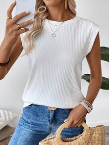 Easowa Women's Plain Round Neck Cap Sleeve Ribbed Casual T-Shirt Summer For Women - White - View 7