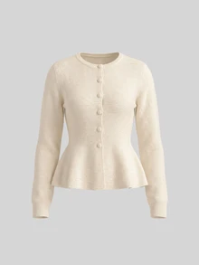Balvessa Women's Round Neck Textured Knit Cinched Waist Ruffle Hem Single-Breasted Long Sleeve Slim Fit Cardigan - Apricot - View 4
