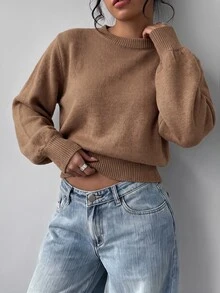 SHEIN BASICS 女款素色圓領長袖休閒基礎款寬鬆毛衣，淡黃色，適合早午餐、學校、日常穿著，秋季/秋冬日常 - 駝色 - 查看 4