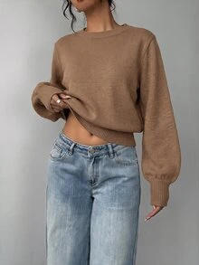SHEIN BASICS 女款素色圓領長袖休閒基礎款寬鬆毛衣，淡黃色，適合早午餐、學校、日常穿著，秋季/秋冬日常 - 駝色 - 查看 3