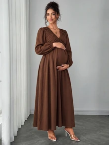 Momance Gaun Hamil Lengan Panjang Tenun Warna Polos yang Elegan - Coffee Brown - View 2