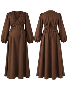 Momance Gaun Hamil Lengan Panjang Tenun Warna Polos yang Elegan - Coffee Brown - View 8