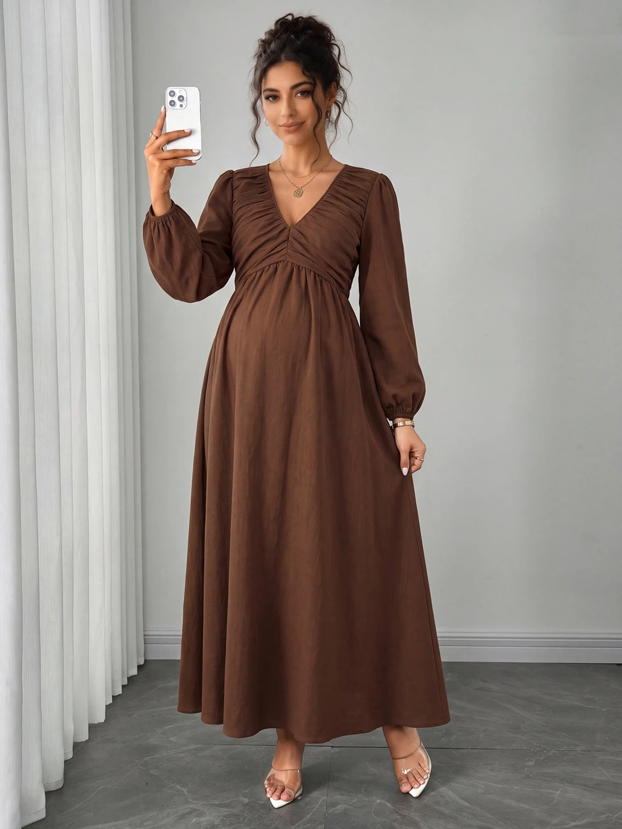 Momance Gaun Hamil Lengan Panjang Tenun Warna Polos yang Elegan - Coffee Brown - View 1