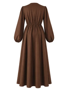 Momance Gaun Hamil Lengan Panjang Tenun Warna Polos yang Elegan - Coffee Brown - View 5