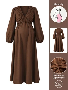 Momance Gaun Hamil Lengan Panjang Tenun Warna Polos yang Elegan - Coffee Brown - View 4