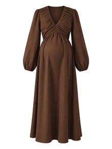 Momance Gaun Hamil Lengan Panjang Tenun Warna Polos yang Elegan - Coffee Brown - View 6