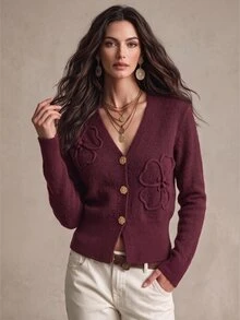 SHEIN Ladies Fall Burgundy Floral Detail V Neck Knitted Cardigan Sexy French Retro Vintage Elegant Fitted Button Down Long Sleeve Sweater Boho Brunch - Red - View 3