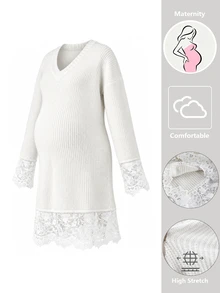 Momance Maternity Lace Patchwork Casual Everyday Knit Dress - White - View 5