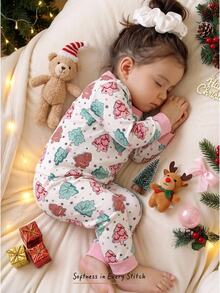 SHEIN Baby Girl Knit Round Neck Cartoon Pattern Casual T-Shirt And Long Pants Loungewear 2 Pieces Set, Snug Fit,Christmas Pajamas - Multicolor - View 1