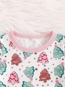 SHEIN Baby Girl Knit Round Neck Cartoon Pattern Casual T-Shirt And Long Pants Loungewear 2 Pieces Set, Snug Fit,Christmas Pajamas - Multicolor - View 4