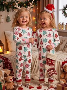 SHEIN Baby Girl Knit Round Neck Cartoon Pattern Casual T-Shirt And Long Pants Loungewear 2 Pieces Set, Snug Fit,Christmas Pajamas - Multicolor - View 5