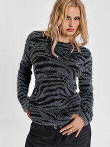 ROMWE Suéter holgado de punto jacquard con rayas de cebra estilo punk callejero Y2K para otoño/invierno - Gris Oscuro - Ver 5