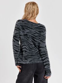 ROMWE Suéter holgado de punto jacquard con rayas de cebra estilo punk callejero Y2K para otoño/invierno - Gris Oscuro - Ver 6