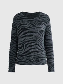 ROMWE Suéter holgado de punto jacquard con rayas de cebra estilo punk callejero Y2K para otoño/invierno - Gris Oscuro - Ver 7