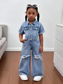 SHEIN Young Girl Blue Denim Ripped Shirt-Style One-Piece Trousers, A And Cool Street Look - Medium Wash - View 1