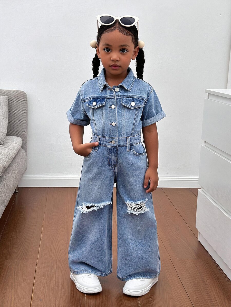 SHEIN Young Girl Blue Denim Ripped Shirt-Style One-Piece Trousers, A And Cool Street Look - Medium Wash - View 1