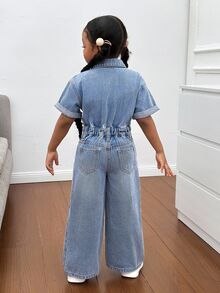 SHEIN Young Girl Blue Denim Ripped Shirt-Style One-Piece Trousers, A And Cool Street Look - Medium Wash - View 2