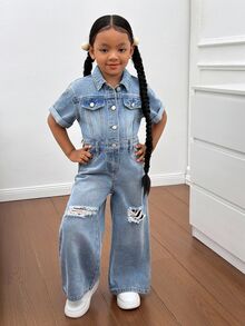 SHEIN Young Girl Blue Denim Ripped Shirt-Style One-Piece Trousers, A And Cool Street Look - Medium Wash - View 3