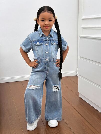 SHEIN Young Girl Blue Denim Ripped Shirt-Style One-Piece Trousers, A And Cool Street Look