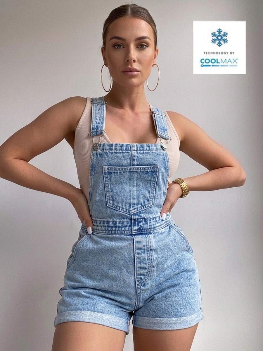 Flexra Women's Casual 2000s Washed Pocket Roll-Up Hem Denim Jumpsuit, Summer Vacation Travel Light Blue - Light Wash - View 1