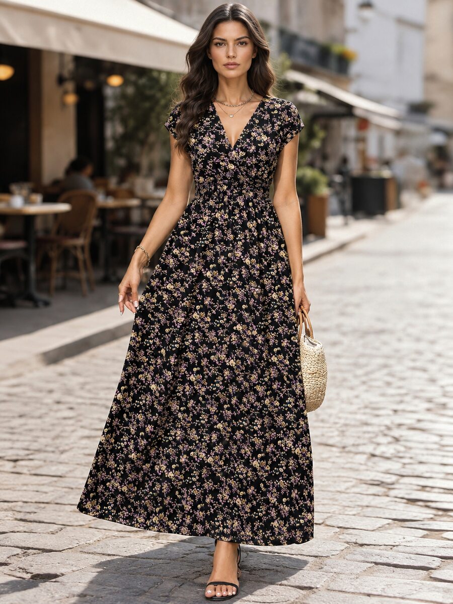 Balvessa Women's Floral Print V-Neck Vacation Style Fashion Dress Maxi Women Outfit - Black - View 1