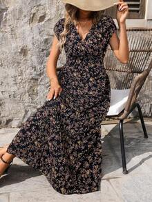 Balvessa Women's Floral Print V-Neck Vacation Style Fashion Dress Maxi Women Outfit - Black - View 4