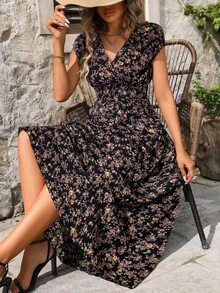 Balvessa Women's Floral Print V-Neck Vacation Style Fashion Dress Maxi Women Outfit - Black - View 7