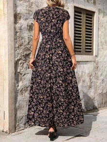 Balvessa Women's Floral Print V-Neck Vacation Style Fashion Dress Maxi Women Outfit - Black - View 3