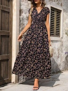 Balvessa Women's Floral Print V-Neck Vacation Style Fashion Dress Maxi Women Outfit - Black - View 2
