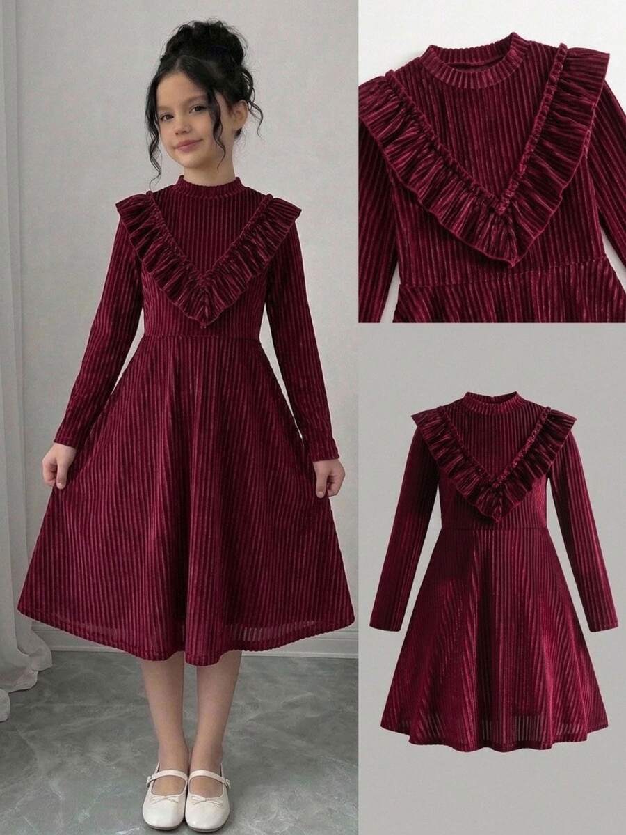 SHEIN 少女童裝純色圓領長袖拼接荷葉邊下擺秋季洋裝 - 彩色 - 查看 1